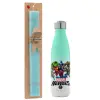Easter Set, Metallic green/white thermos (Stainless steel), double-walled, 500ml & scented flat Easter candle (30cm) (TURQUOISE)