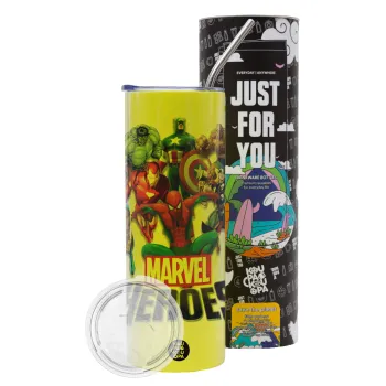 MARVEL heroes, Neon Yellow Travel Tumbler θερμό, μεταλλικό καλαμάκι(Ανωξείδωτο 304 Food grade, BPA free, 600ml)