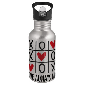 Love always win, Water bottle Silver with straw, stainless steel 500ml