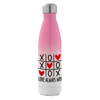 Love always win, Metal mug thermos Pink/White (Stainless steel), double wall, 500ml