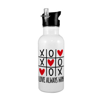 Love always win, White water bottle with straw, stainless steel 600ml