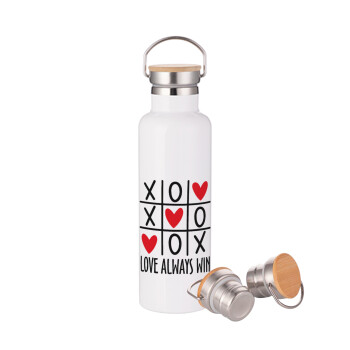 Love always win, Stainless steel White with wooden lid (bamboo), double wall, 750ml