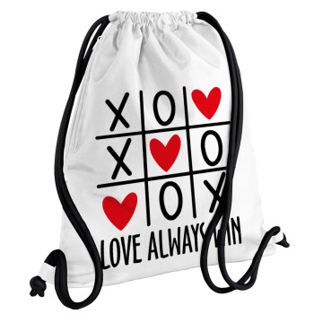Love always win, Backpack pouch GYMBAG white, with pocket (40x48cm) & thick cords