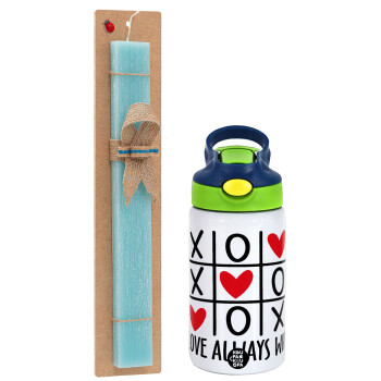 Love always win, Easter Set, Children's thermal stainless steel bottle with safety straw, green/blue (350ml) & aromatic flat Easter candle (30cm) (TURQUOISE)