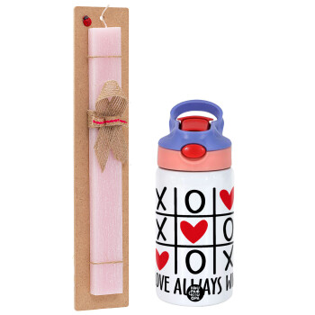 Love always win, Easter Set, Children's thermal stainless steel water bottle with safety straw, pink/purple (350ml) & Easter scented flat candle (30cm) (PINK)