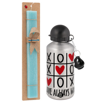Love always win, Easter Set, metallic silver aluminum water bottle (500ml) & scented flat Easter candle (30cm) (TURQUOISE)