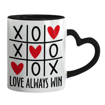 Love always win, Mug heart black handle, ceramic, 330ml