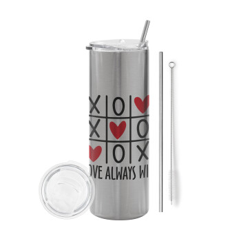 Love always win, Eco friendly stainless steel Silver tumbler 600ml, with metal straw & cleaning brush