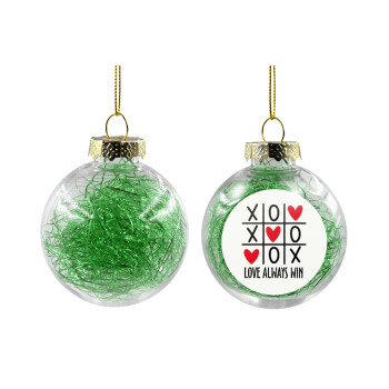 Love always win, Transparent Christmas tree ball ornament with green filling 8cm