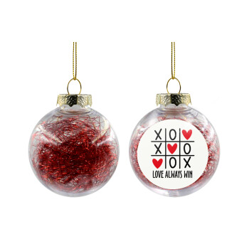 Love always win, Χριστουγεννιάτικη μπάλα δένδρου διάφανη με κόκκινο γέμισμα 8cm