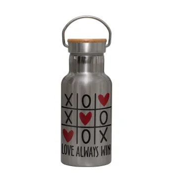 Love always win, Μεταλλικό παγούρι θερμός (Stainless steel) Ασημένιο με ξύλινο καπακι (bamboo), διπλού τοιχώματος, 350ml