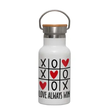 Love always win, Μεταλλικό παγούρι θερμός (Stainless steel) Λευκό με ξύλινο καπακι (bamboo), διπλού τοιχώματος, 350ml