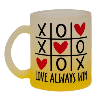 Love always win, Κούπα γυάλινη δίχρωμη με βάση το κίτρινο ματ, 330ml