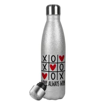 Love always win, Μεταλλικό παγούρι θερμός Glitter Aσημένιο (Stainless steel), διπλού τοιχώματος, 500ml