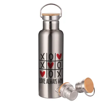Love always win, Stainless steel Silver with wooden lid (bamboo), double wall, 750ml