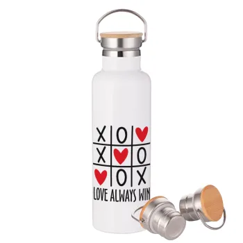 Love always win, Stainless steel White with wooden lid (bamboo), double wall, 750ml