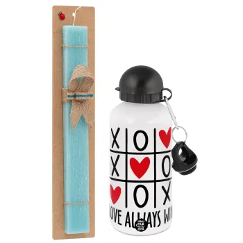 Love always win, Easter Set, metallic aluminum water bottle (500ml) & scented flat candle (30cm) (TURQUOISE)
