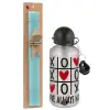 Easter Set, metallic silver aluminum water bottle (500ml) & scented flat Easter candle (30cm) (TURQUOISE)