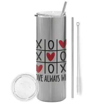 Love always win, Tumbler ποτήρι θερμό Ασημένιο από ανοξείδωτο ατσάλι 600ml, με μεταλλικό καλαμάκι & βούρτσα καθαρισμού
