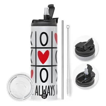 Love always win, Travel Tumbler θερμό με διπλό καπάκι, μεταλλικό καλαμάκι και βούρτσα καθαρισμού (Ανωξείδωτο 304 Food grade, BPA free, 600ml)