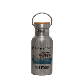friends, not food, Stainless steel metallic thermos flask, silver with a bamboo lid, double-walled, 350ml.