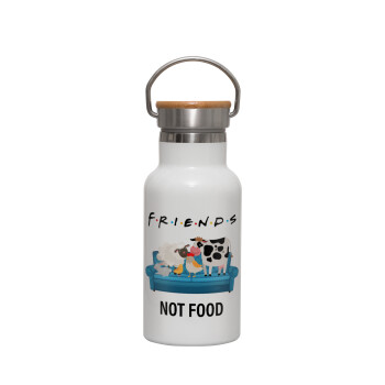friends, not food, Metallic thermos (Stainless steel) White with wooden lid (bamboo), double-walled, 350ml