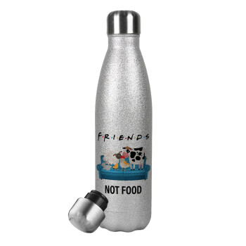friends, not food, Metallic Glitter Silver Thermos Flask (Stainless steel), double-walled, 500ml