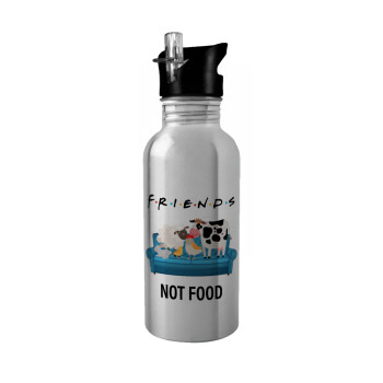 friends, not food, Water bottle Silver with straw, stainless steel 600ml