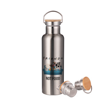 friends, not food, Stainless steel Silver with wooden lid (bamboo), double wall, 750ml