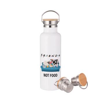 friends, not food, Stainless steel White with wooden lid (bamboo), double wall, 750ml