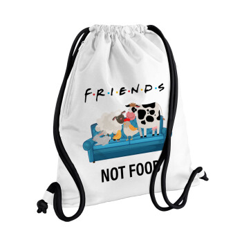 friends, not food, Τσάντα πλάτης πουγκί GYMBAG λευκή, με τσέπη (40x48cm) & χονδρά κορδόνια