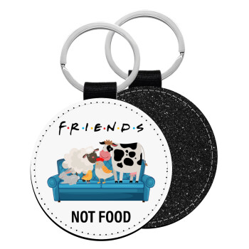 friends, not food, Μπρελόκ Δερματίνη, στρογγυλό ΜΑΥΡΟ (5cm)