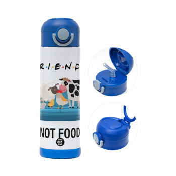 friends, not food, Children's hot water bottle, stainless steel, with safety straw, BLUE (500ml)