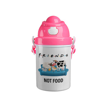 friends, not food, Ροζ παιδικό παγούρι πλαστικό (BPA-FREE) με καπάκι ασφαλείας, κορδόνι και καλαμάκι, 400ml
