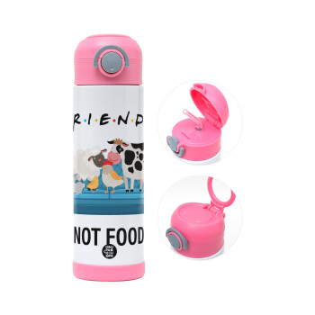 friends, not food, Children's hot water bottle, stainless steel, with safety straw, PINK (500ml)