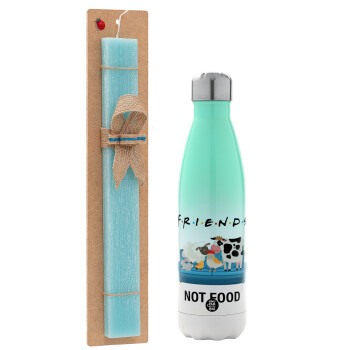 friends, not food, Easter Set, Metallic green/white thermos (Stainless steel), double-walled, 500ml & scented flat Easter candle (30cm) (TURQUOISE)
