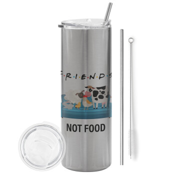 friends, not food, Eco friendly stainless steel Silver tumbler 600ml, with metal straw & cleaning brush