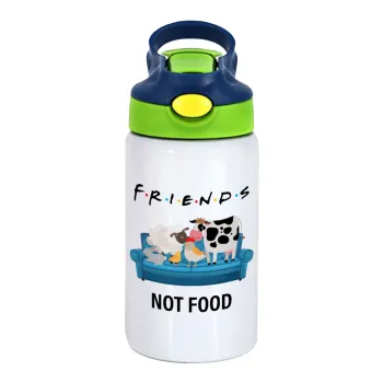 friends, not food, Children's hot water bottle, stainless steel, with safety straw, green, blue (350ml)