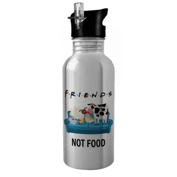 friends, not food, Παγούρι νερού Ασημένιο με καλαμάκι, ανοξείδωτο ατσάλι 600ml