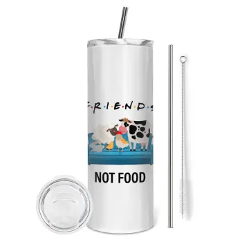 friends, not food, Tumbler ποτήρι θερμό από ανοξείδωτο ατσάλι 600ml, με μεταλλικό καλαμάκι & βούρτσα καθαρισμού