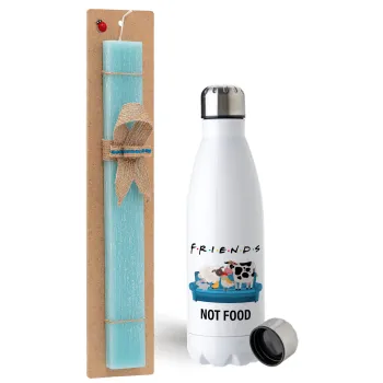 friends, not food, Easter Set, metallic stainless steel water bottle (750ml) & aromatic flat Easter candle (30cm) (TURQUOISE)