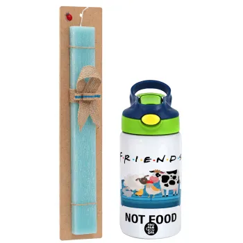 friends, not food, Easter Set, Children's thermal stainless steel bottle with safety straw, green/blue (350ml) & aromatic flat Easter candle (30cm) (TURQUOISE)