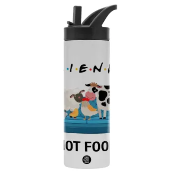 friends, not food, Metallic thermos bottle with straw & handle, stainless steel (Stainless steel 304), double-walled, 600ml.