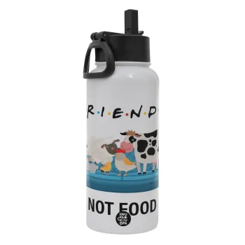 friends, not food, Μεταλλικό παγούρι θερμός Λευκό με καλαμάκι και χερούλι (Stainless steel), διπλού τοιχώματος, 950ml