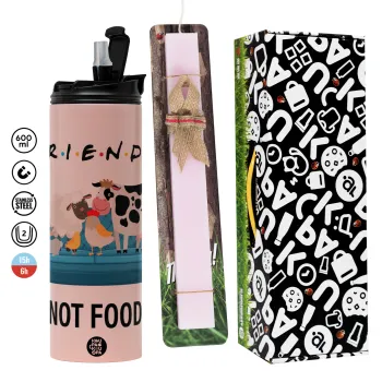 friends, not food, Πασχαλινή Λαμπάδα με  ΡΟΖ Travel Tumbler θερμό (600ml, BPA free) & κερί αρωματικό πλακέ (30cm) (ΡΟΖ)
