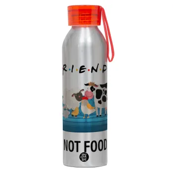 friends, not food, Αλουμινένιο Αθλητικό Μπουκάλι 650ml – Ασημί με Κόκκινο Καπάκι και Λουράκι Σιλικόνης