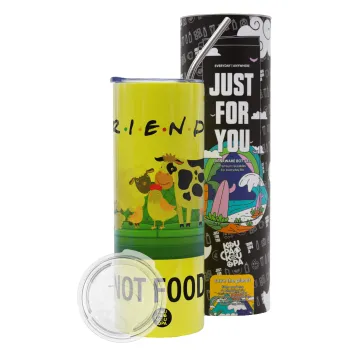 friends, not food, Neon Yellow Travel Tumbler θερμό, μεταλλικό καλαμάκι(Ανωξείδωτο 304 Food grade, BPA free, 600ml)