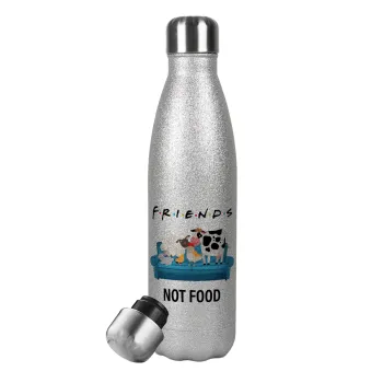 friends, not food, Metallic Glitter Silver Thermos Flask (Stainless steel), double-walled, 500ml