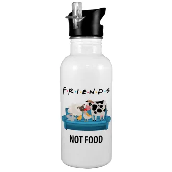 friends, not food, Παγούρι νερού Λευκό με καλαμάκι, ανοξείδωτο ατσάλι 600ml