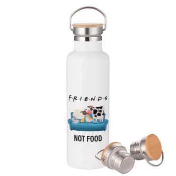 friends, not food, Μεταλλικό παγούρι θερμός (Stainless steel) Λευκό με ξύλινο καπάκι (bamboo), διπλού τοιχώματος, 750ml